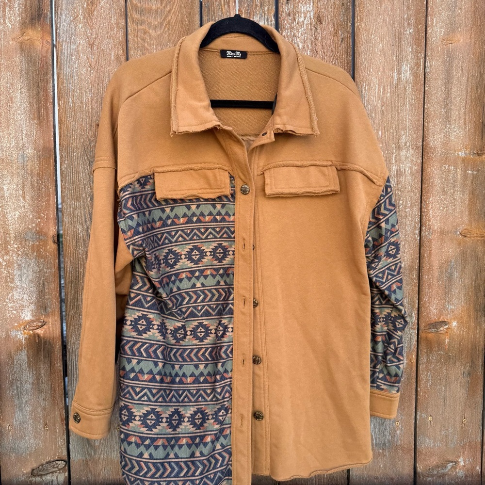 MISS ME Women’s Brown Aztec Southwest Patterned Button-Up Shirt Shacket Medium